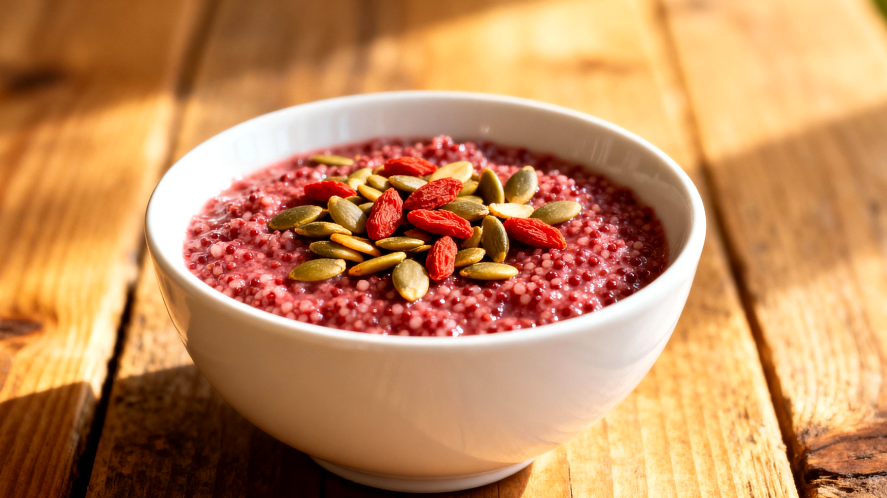 Amaranth-Porridge mit gerösteten Kürbiskernen und Goji-Beeren"