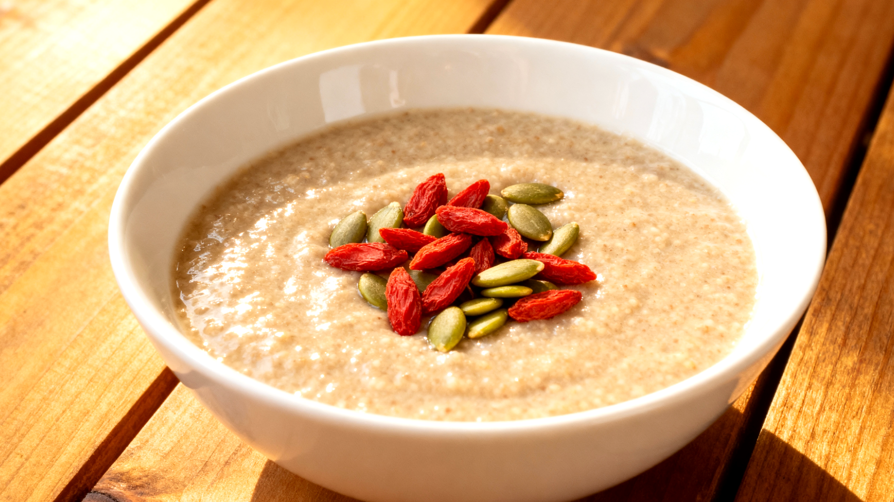 Amaranth-Pudding mit Goji-Beeren und Kürbiskernen"
