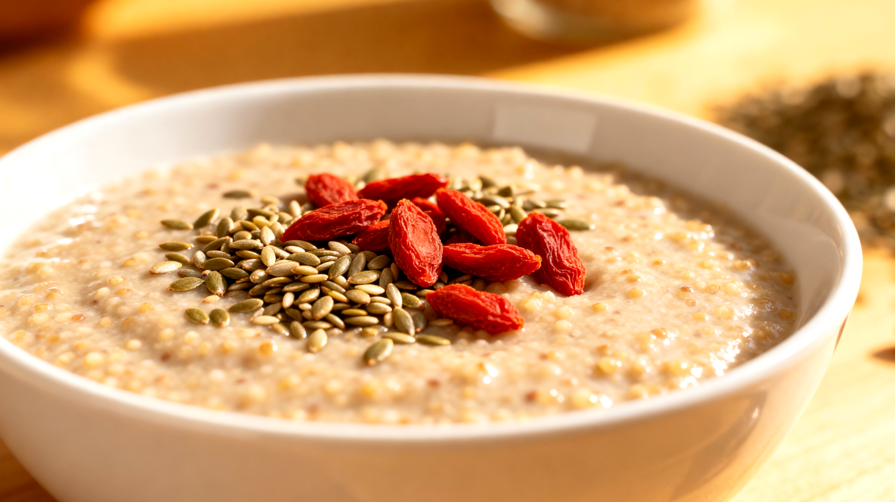 Amaranth-Quinoa-Pudding mit Hanfsamen und Goji-Beeren"