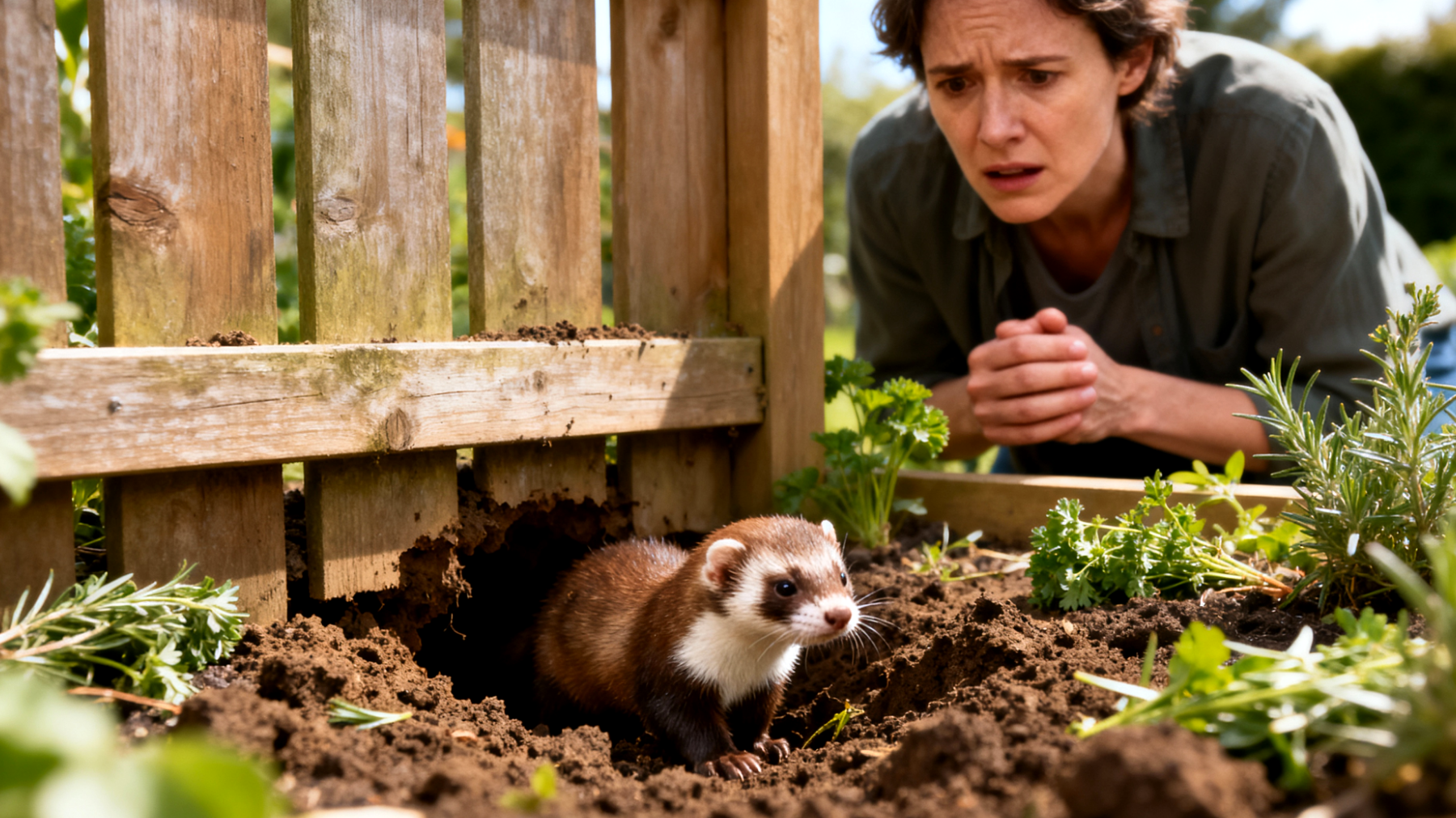Frettchen im Garten können durch ihre natürliche Neugier und Grabinstinkte schnell entkommen oder sich in Erdlöchern verletzen, während gleichzeitig natürliche Hausmittel wie bestimmte Kräuter und Pflanzen im Garten toxisch für sie sein können"