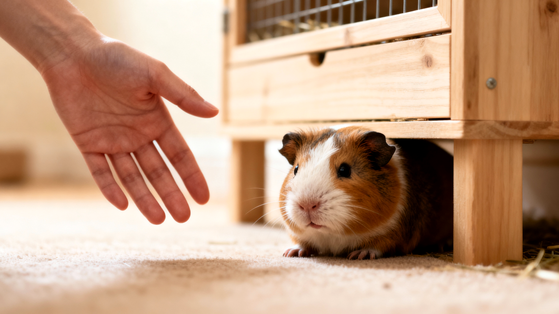 Ein erwachsenes Meerschweinchen zeigt unerwünschte Verhaltensweisen wie Beißen, Quieken oder Verstecken und benötigt gezieltes Training, um besser auf Kommandos zu reagieren und eine stärkere Bindung zum Halter aufzubauen"