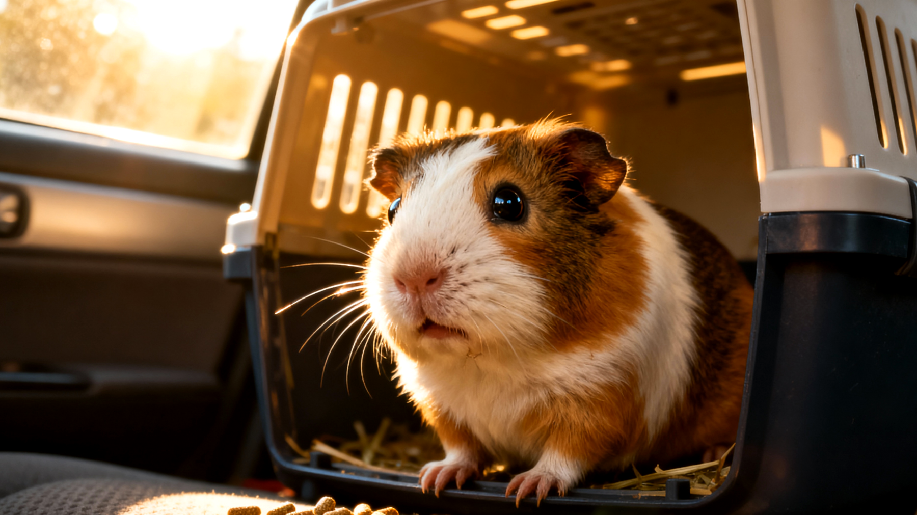 Meerschweinchen zeigen während der Reise Stress und Angst, wodurch sie sich weigern zu fressen, übermäßig quieken oder sich verstecken - hier sind spezielle Entspannungstechniken und stressreduzierende Maßnahmen für den Transport notwendig"