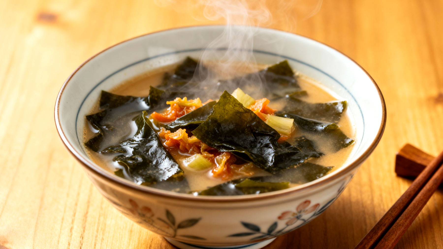 Miso-Suppe mit Wakame-Algen und fermentiertem Gemüse"