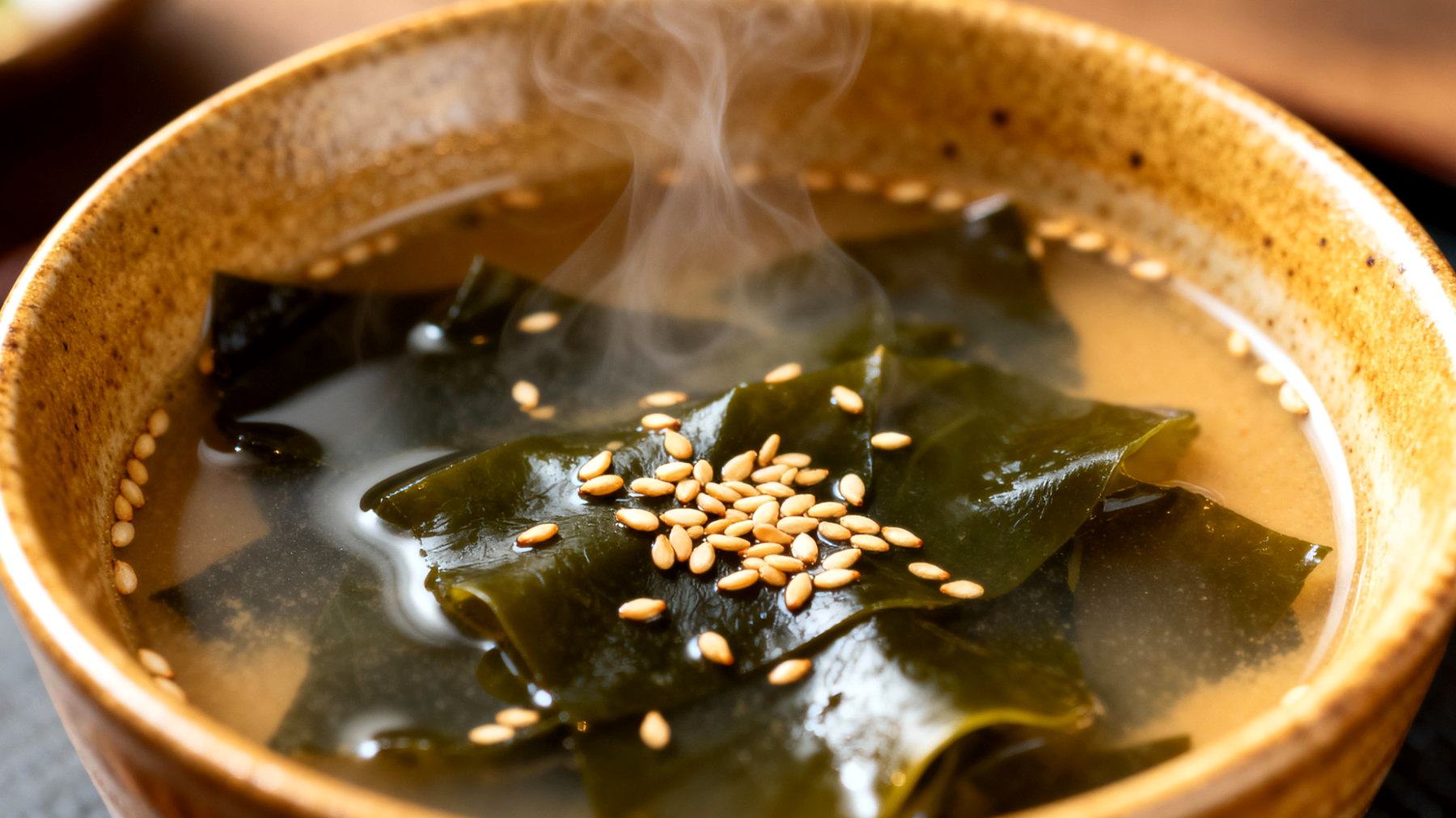 Miso-Suppe mit Wakame-Algen und geröstetem Sesam"