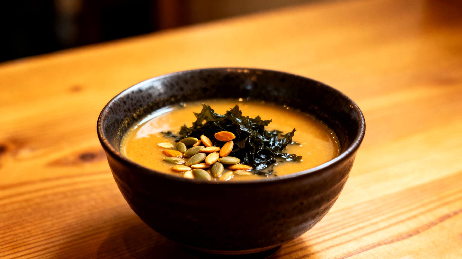 Miso-Suppe mit Wakame-Algen und gerösteten Kürbiskernen"