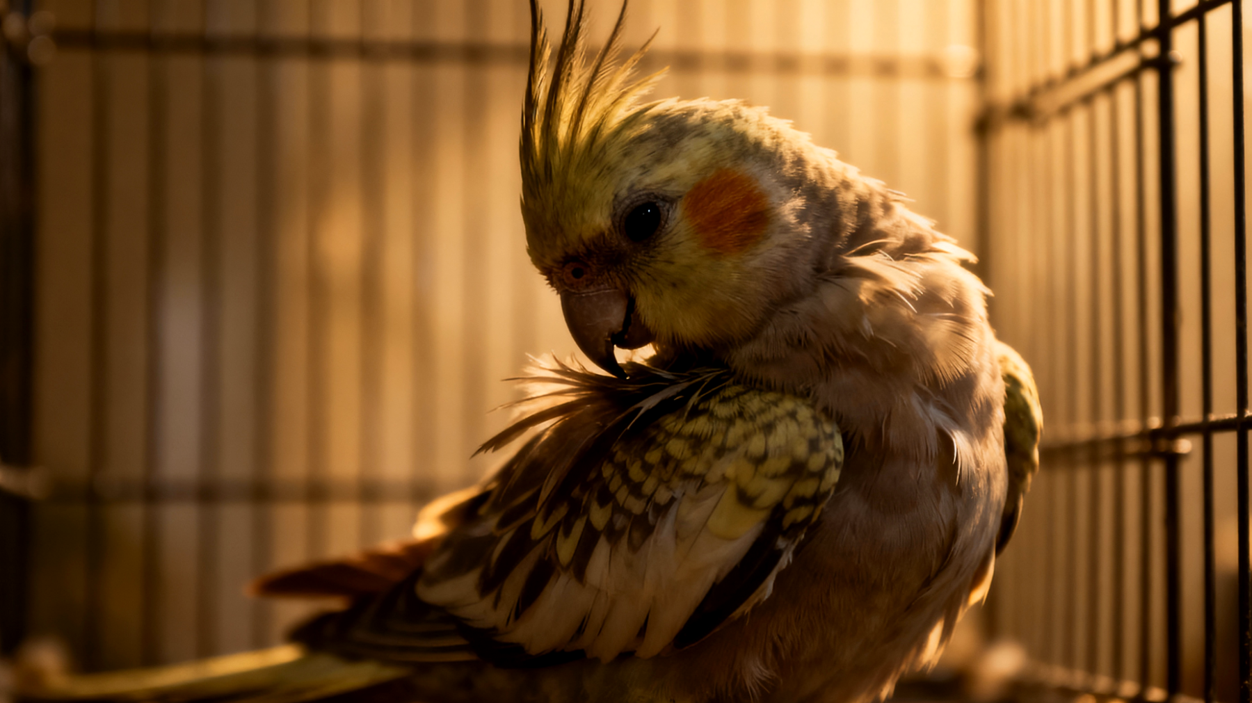 Ein junger Nymphensittich zeigt Verhaltensstörungen wie übermäßiges Schreien oder Federrupfen, da herkömmliche chemische Beruhigungsmittel für Jungtiere zu aggressiv sind und natürliche Alternativen zur Stressreduktion benötigt werden"