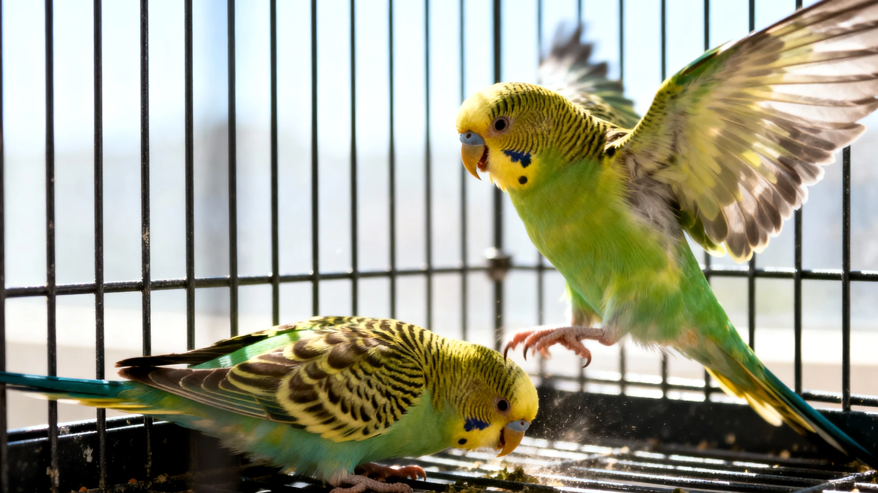 Wellensittiche zeigen aggressives Verhalten gegenüber anderen Vögeln im gemeinsamen Käfig, was durch territoriale Konflikte, Rangordnungskämpfe oder unzureichende Eingewöhnung entstehen kann"